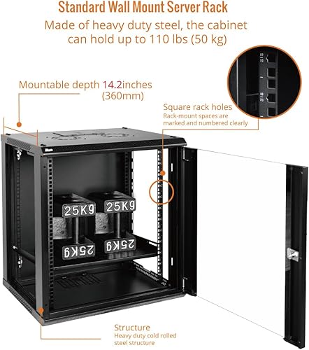 Miniatura 4 de Gabinete de servidor de montaje en pared Gabinete de rack de red de TI con cerradura Puerta y paneles laterales negro (negro, puerta estándar de