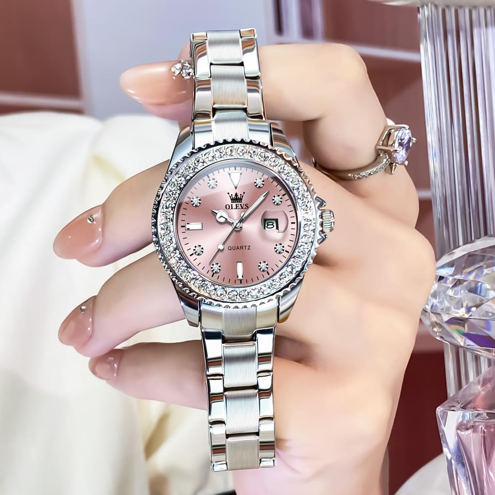 OLEVS Damen-Armbanduhr, Diamantkleid, Quarz, analog, weibliche Uhren, Edelstahl, zweifarbig, wasserdicht, leuchtend, Tag und Datum, Geschenk