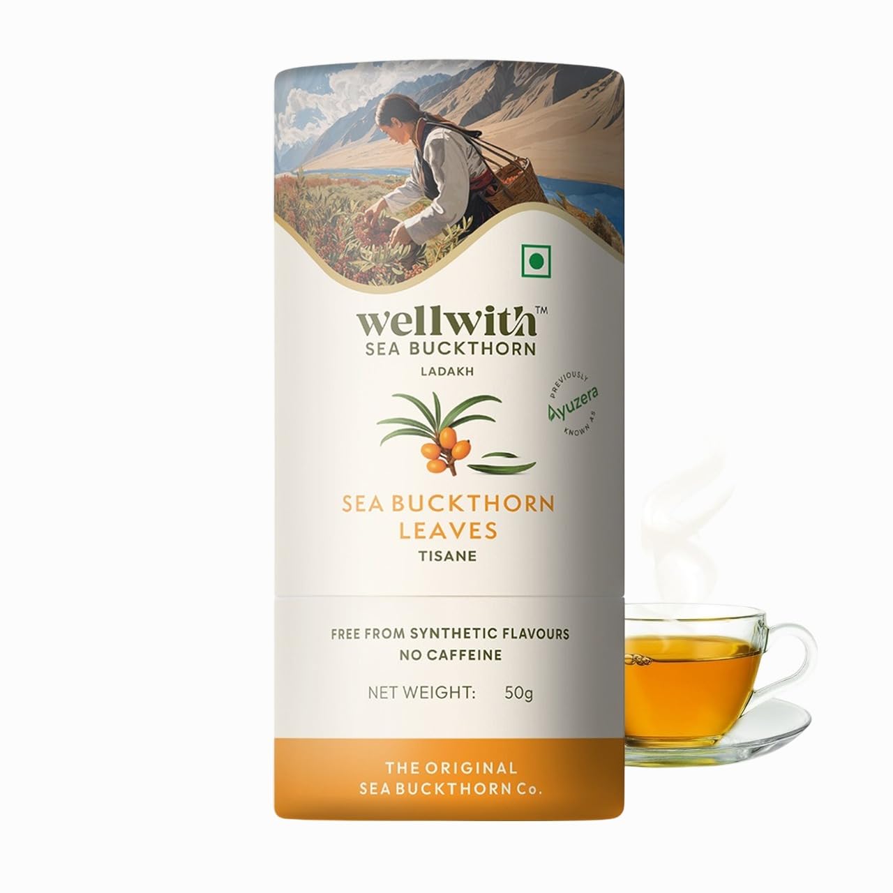 Wellwith by Ayuzera Sea Buckthorn Raw Leaves Tea, Good For Skin and Immunity, For a Healthy Lifestyle - Himalayan Seabuckthorn Herbal Leaf Tea - Pure & Natural (50g)