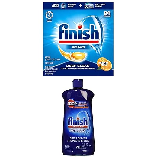 Finish All in 1 Gelpacs Orange, Dishwasher Detergent Tablets 84 ea and Finish Jet-Dry Rinse Aid, 23oz, Dishwasher Rinse Agent & Drying Agent