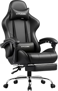 GTPlayer PL800-BLACK Gaming Chair with Ottoman Included, Desk Chair, Office Chair, Gaming Chair, 145  Recliner, High Back, Headrest, Armrest, Lumbar Support, Telework Chair, Computer Chair, Non-stuffy