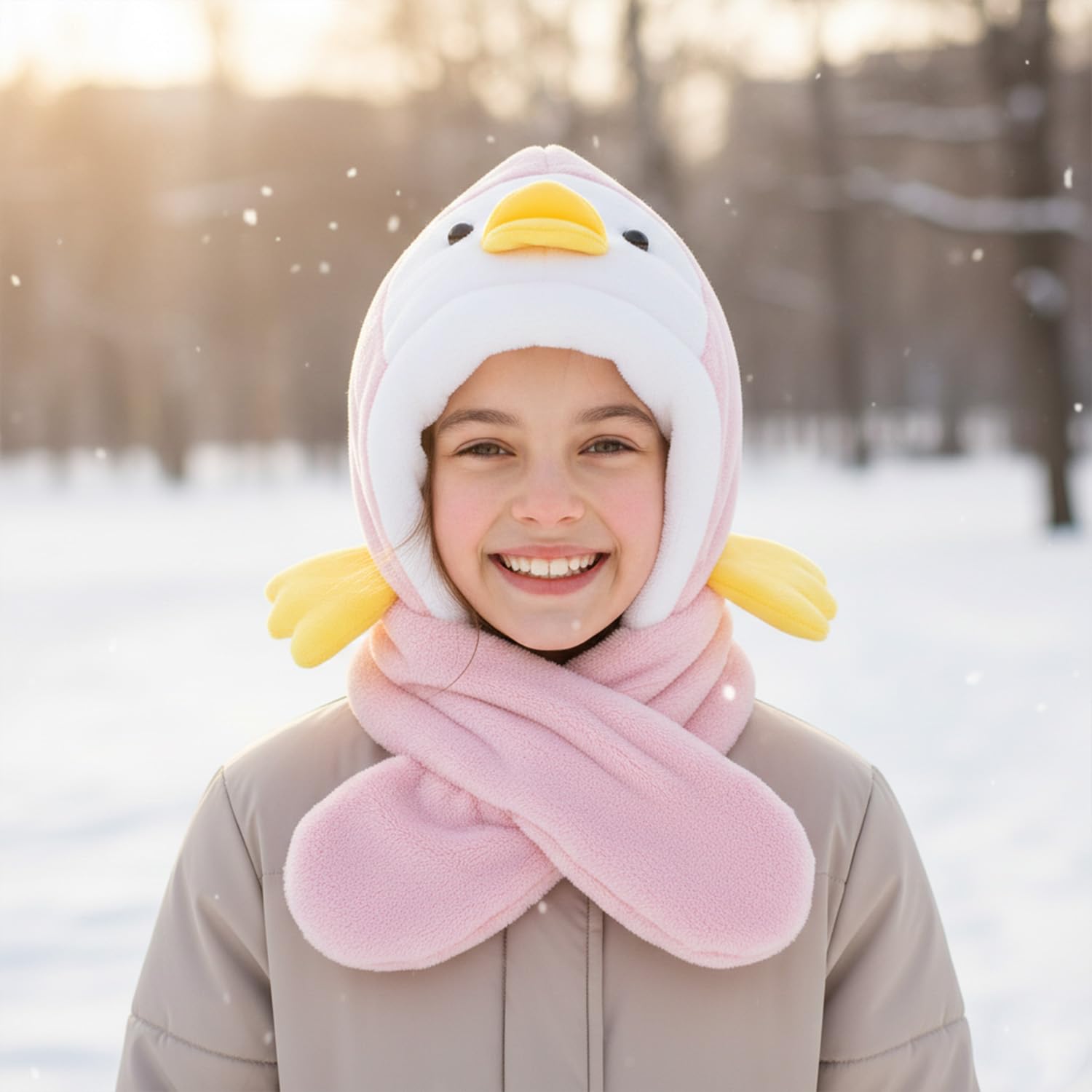 MOMISY Boy's & Girl's Winter Warm Faux Fur Duck Balaclava Hat Full Cover Earflap Hood Cap (in, Age, 5 Years, 10 Years, Pink) 3