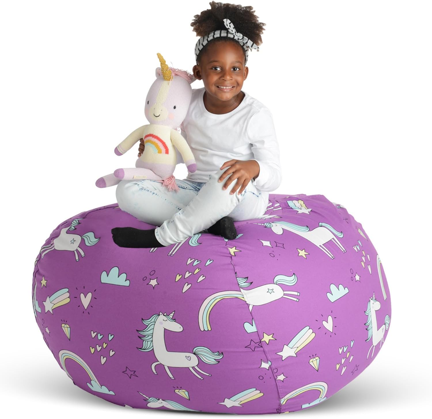 Creative QT Stuff ’n Sit Extra Large 38’’ Bean Bag Storage Cover for Stuffed Animals & Toys, Giant Beanbag Chair for Kids Ages 3-14, Bedroom Organizer for Easter, Purple Unicorn