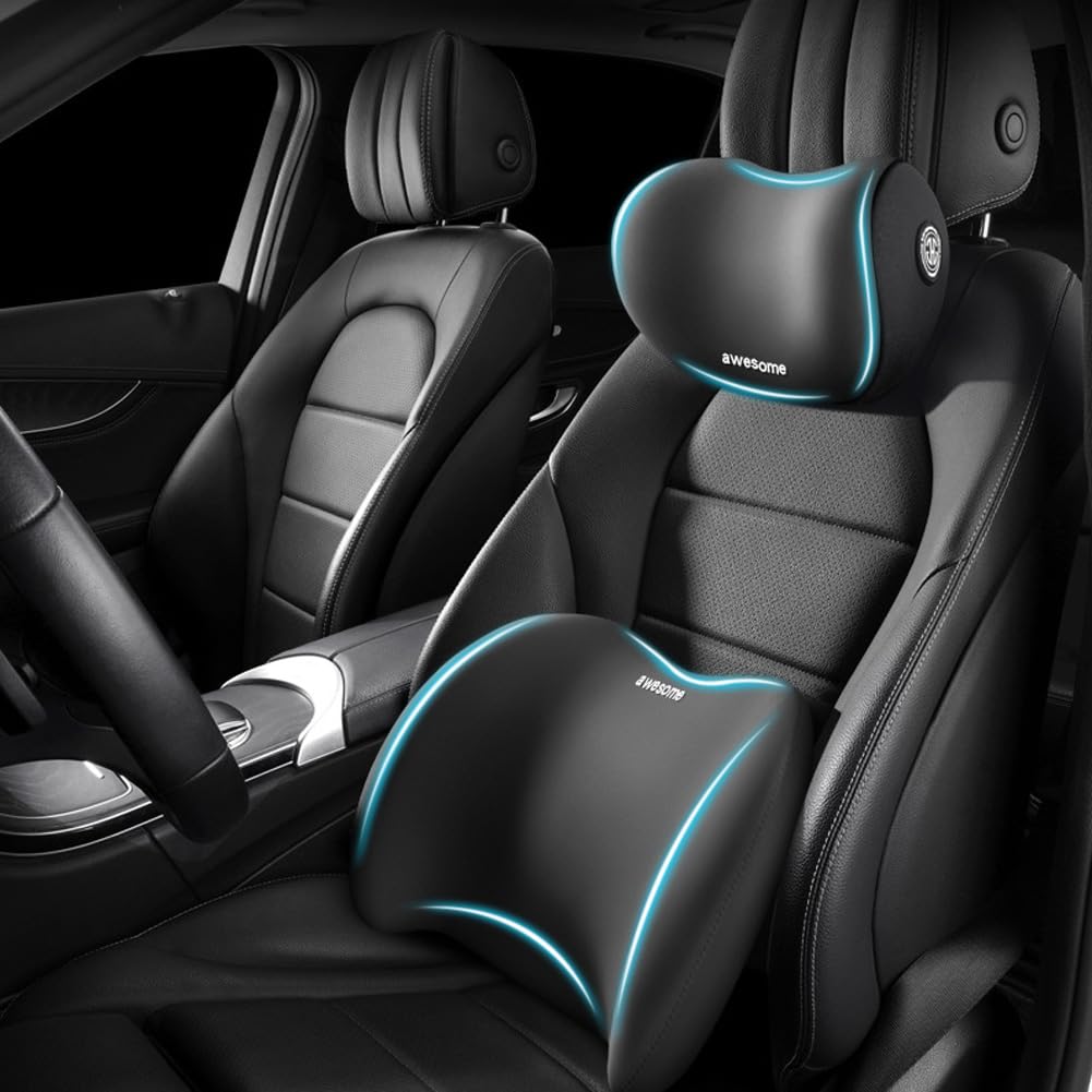 GDCARSL Car Headrest & Lumbar Support Cushion Kit, Ergonomic Car Seat Neck Pillow and Backseat Cushion for Driving Fatigue Relief, Driving Seat Memory Foam Neck Back Rest Pillows (Black)