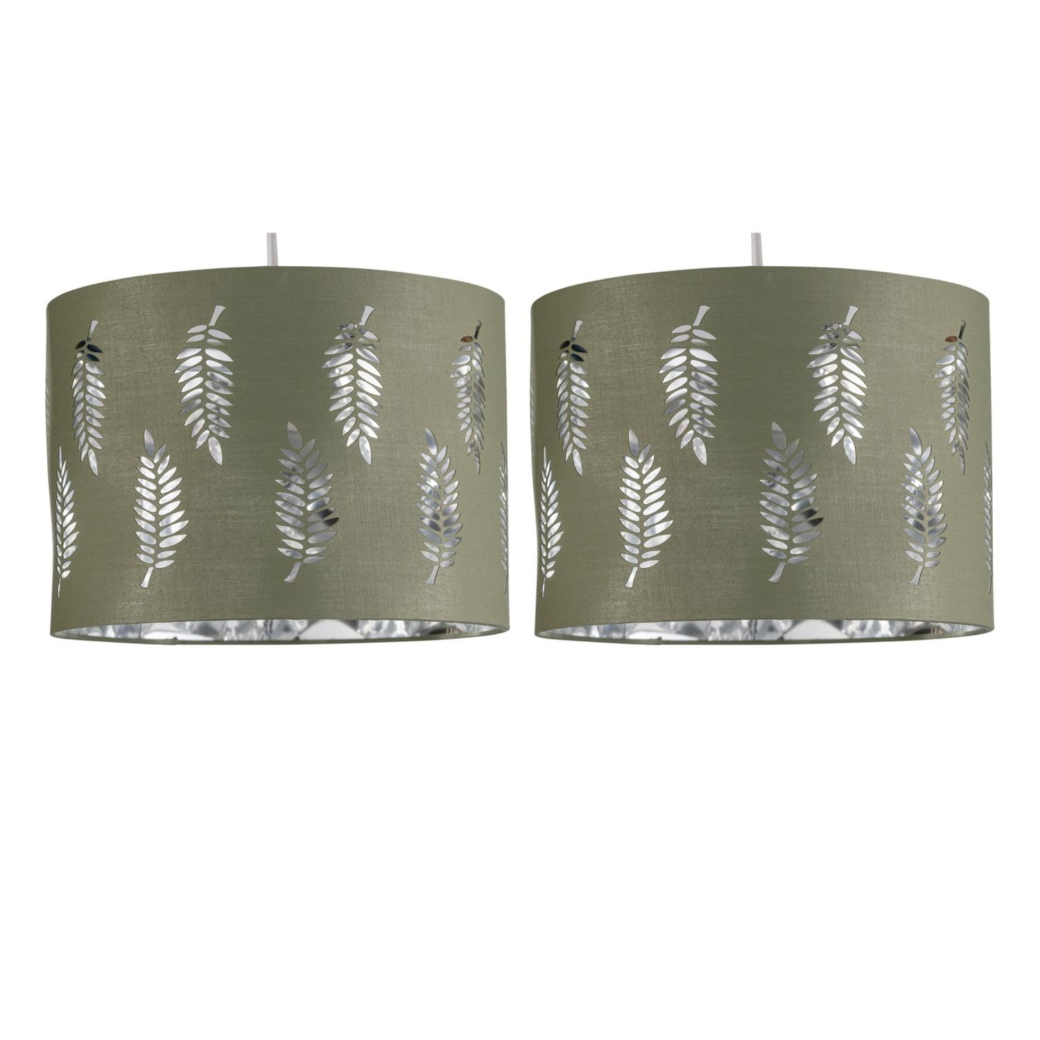 Firstchoicelighting Sage Green Set Of 2 Pendant Shades, Easy Fit Ceiling Lightshades, Fern Leaf Cut Out Design, Diameter 30Cm