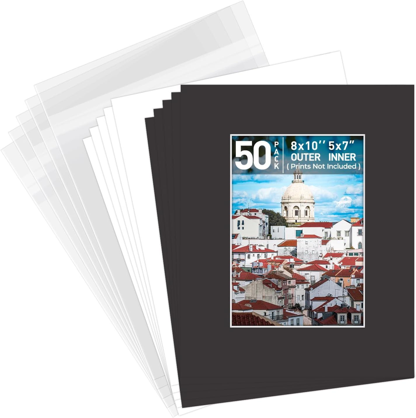 Golden State Art, Pack of 50 8x10 Black Picture Mat Mattes with White Core Bevel Cut for 5x7 Photo + Backing + Bags