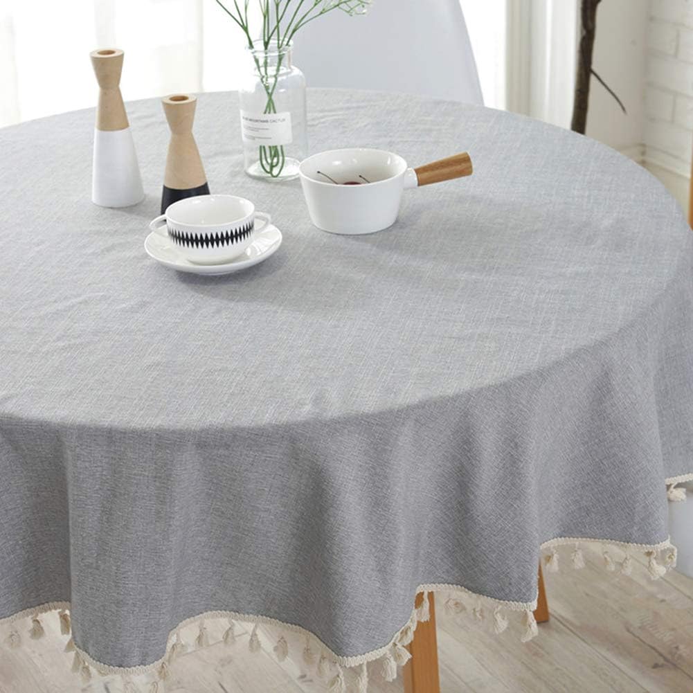 Get Discount 70% Price Amzali Washable Solid Color Tassel Tablecloth Cotton Linen Dust-Proof Table Cover for Kitchen Dinning Tabletop Cloth Decoration (Round 60 Inch, Light Gray)