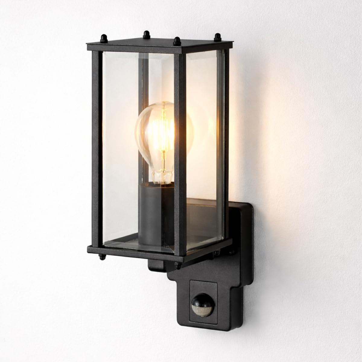 CGC Lighting Outdoor Wall Light Lantern Beveled Glass Interior Porch (Black PIR)