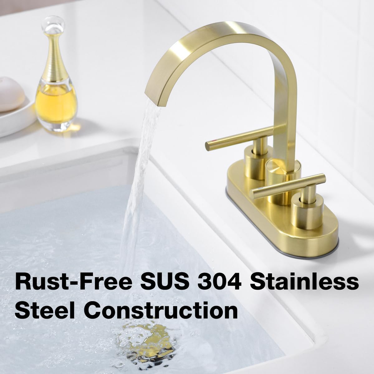 TRUSTMI 4" Centerset Bathroom Faucet, Brushed Gold - High-Flow Waterfall Spout for Deep Sinks, 360° Swivel, 2 or 3 Hole Deck Mount, Includes Drain & Supply Lines