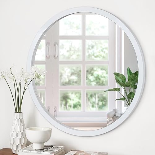 Espejo de pared circular de 16 pulgadas, espejo de pared redondo para baño, espejo de granja blanco para baño, espejo de marco de madera montado en
