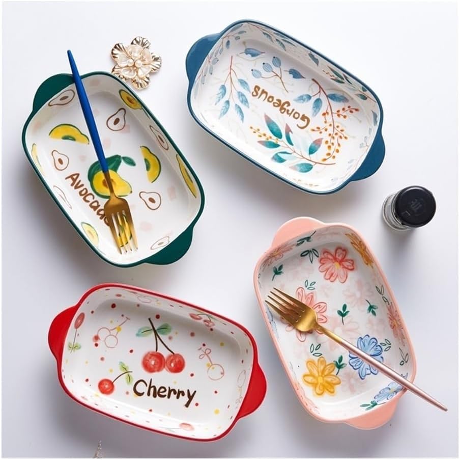 Casserole Dish 500ML Ceramic Tableware Household Baking Cheese Baked Rice Tray Oven Microwave Double Ear Plate(Pink)