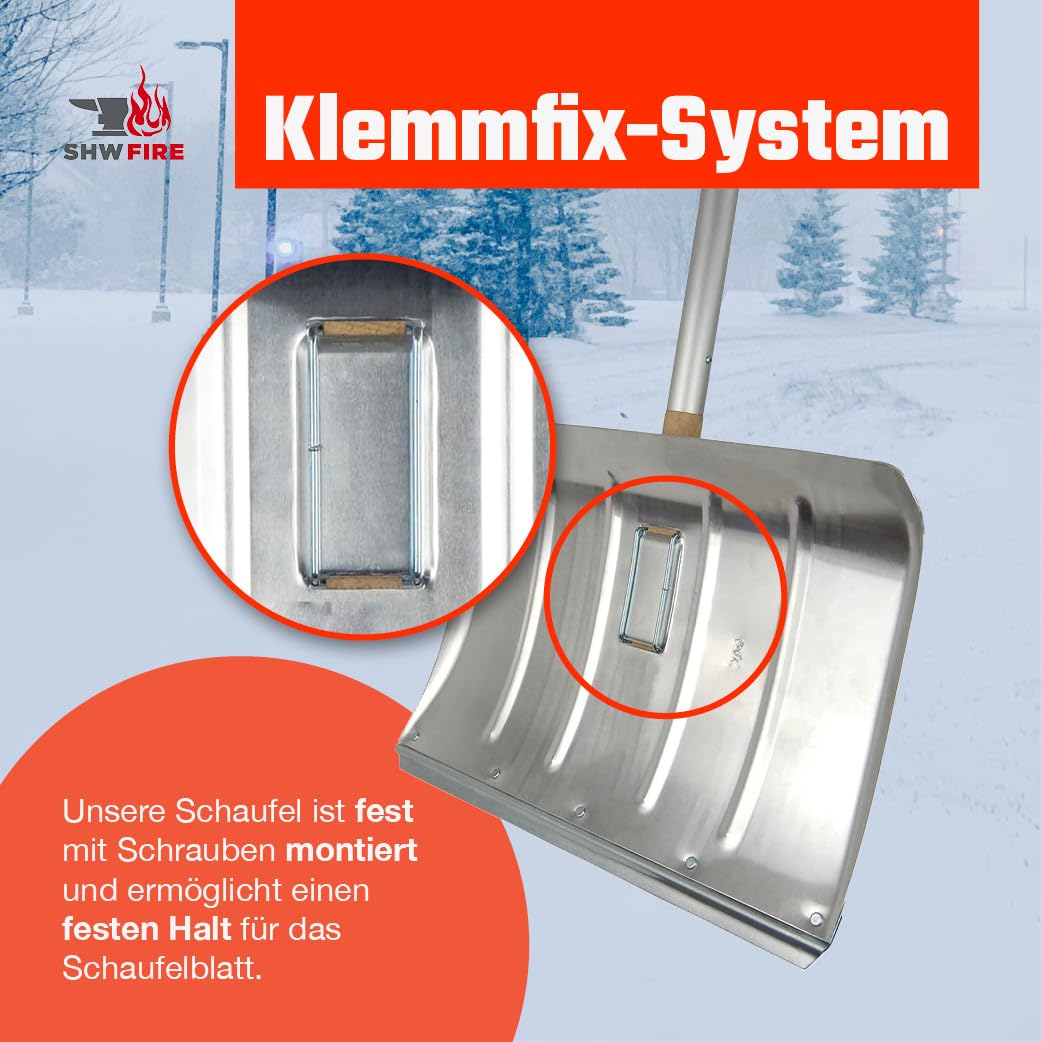 SHW-FIRE | Schneeschieber 50 cm breit, robuster 130 cm Aluminiumstiel mit Kunststoffgriff, ergonomisches Design, mit Aluschutzkante, ideal für Schneeräumung & Winterarbeiten | Made in Germany