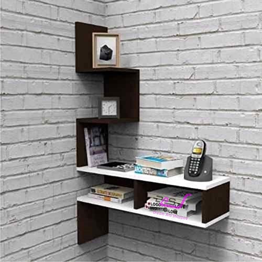Big Zigzag Engineered Wood Corner Wall Mount Shelf Unit Racks and Shelves for Living Room (Brown & White)-image-39