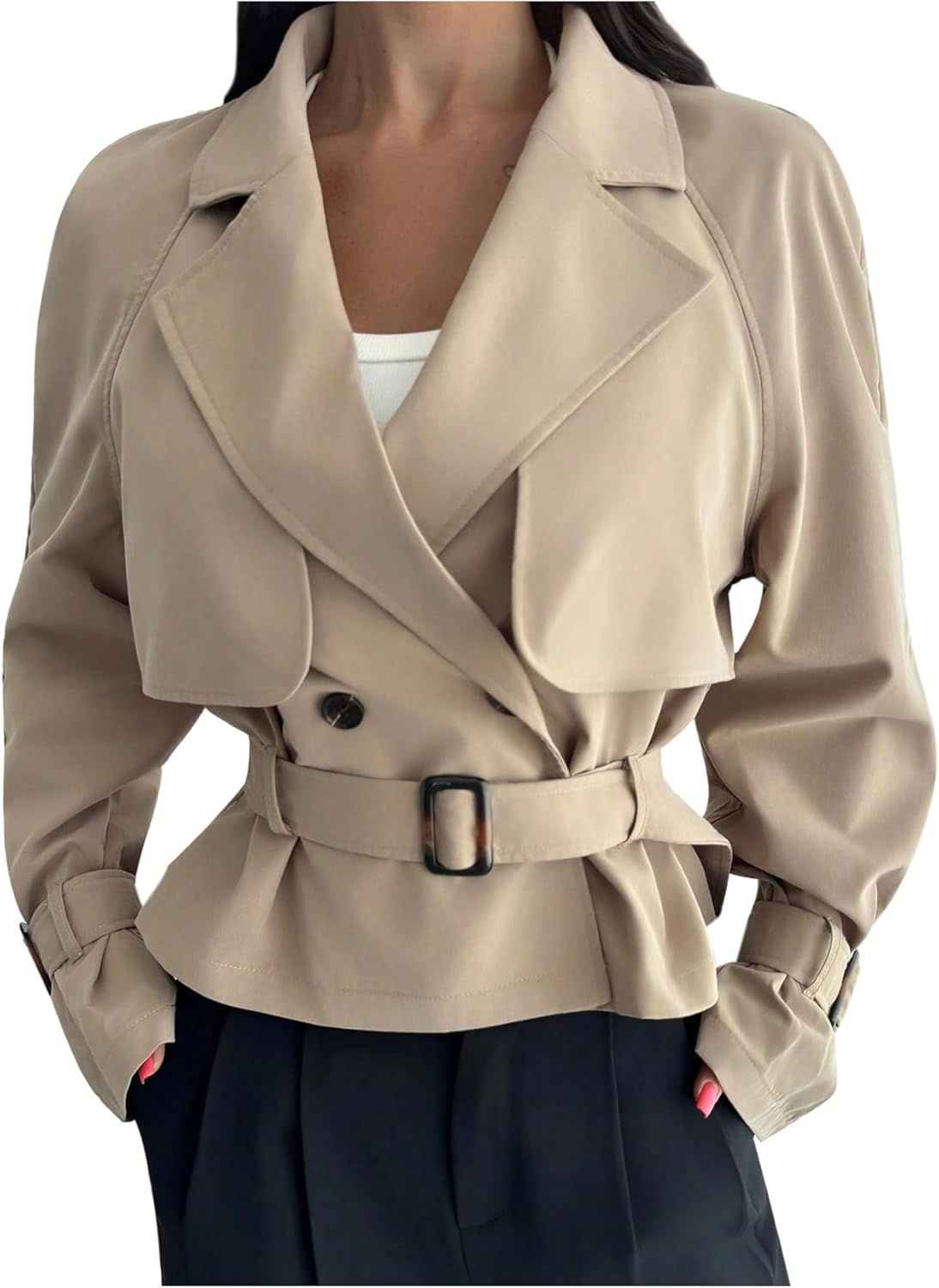 GORGLITTER Women's Cropped Trench Coat Jacket Blazer with Belt - Trendy Fall Long Sleeve Business Casual Outerwear