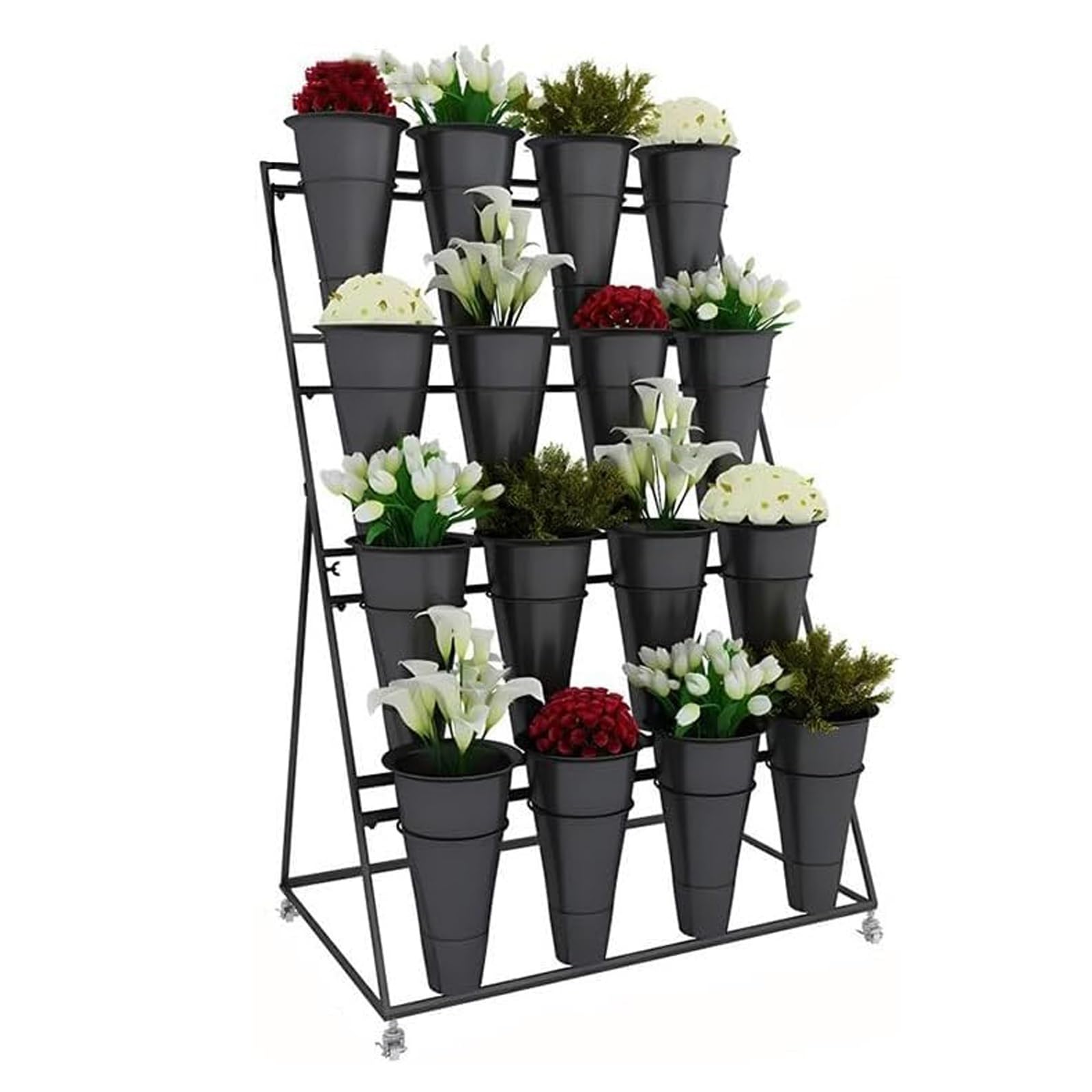 YUANCHUTOP Heavy Duty Metal Flower Cart with Wheels, 16 Bucket Plant Display Stand for Weddings, Parties, Events, and Garden - Durable Black Floral Organizer