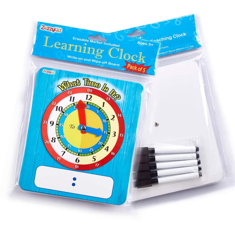 ZazzyKid - Orologio educativo per studenti - 5 orologi per confezione - 20 x 18 cm - Impara e pratica a che ora è - Scrivi e pulisci la superficie con pennarelli cancellabili