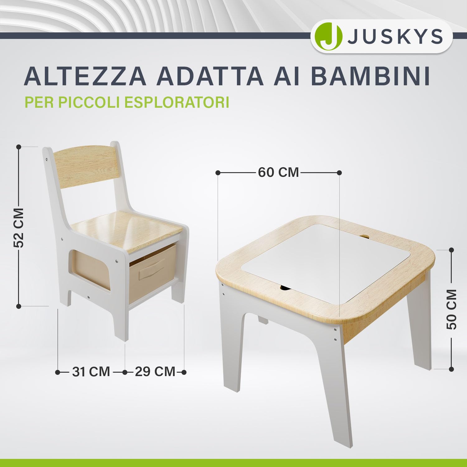 Juskys Set da tavolo per bambini Milou - 2 sedie & 1 tavolo in legno con spazio contenitore - set gioco e disegno per bambini - naturale