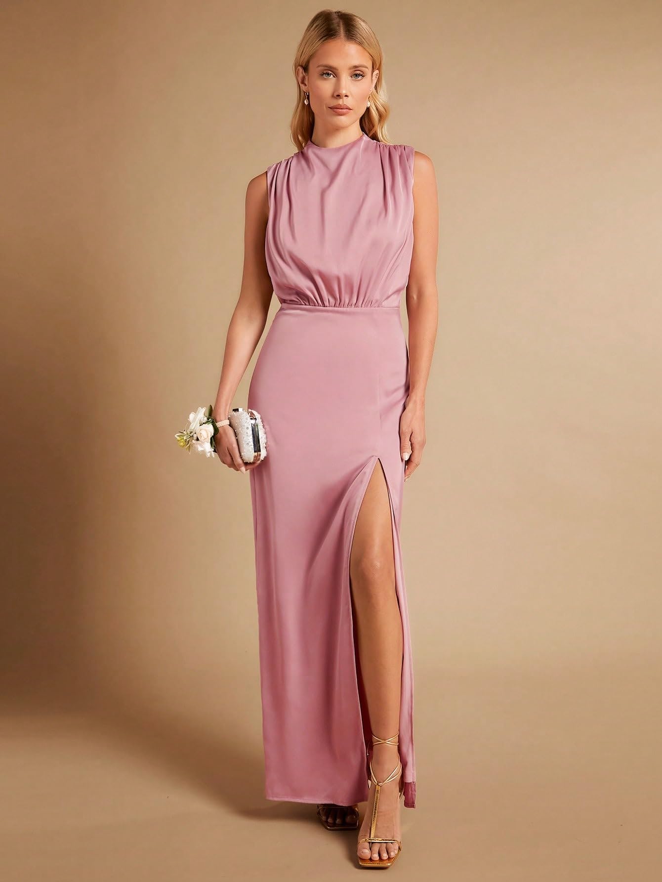 dusty pink silk dress Alicia Satin Halter Maxi Dress