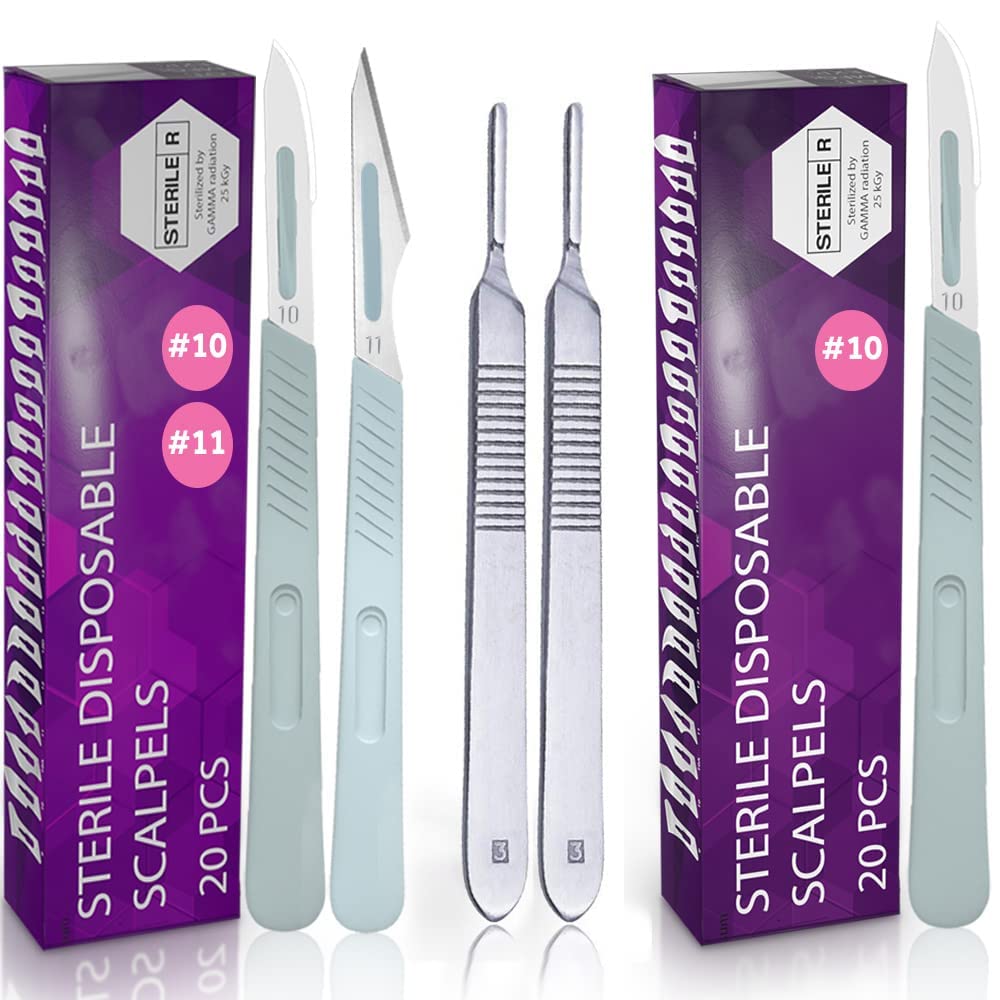 Pack of 2 Scalpel Handle 3 and Pack of 20 Disposable Scalpel 10+11 + Pack of 20 Disposable