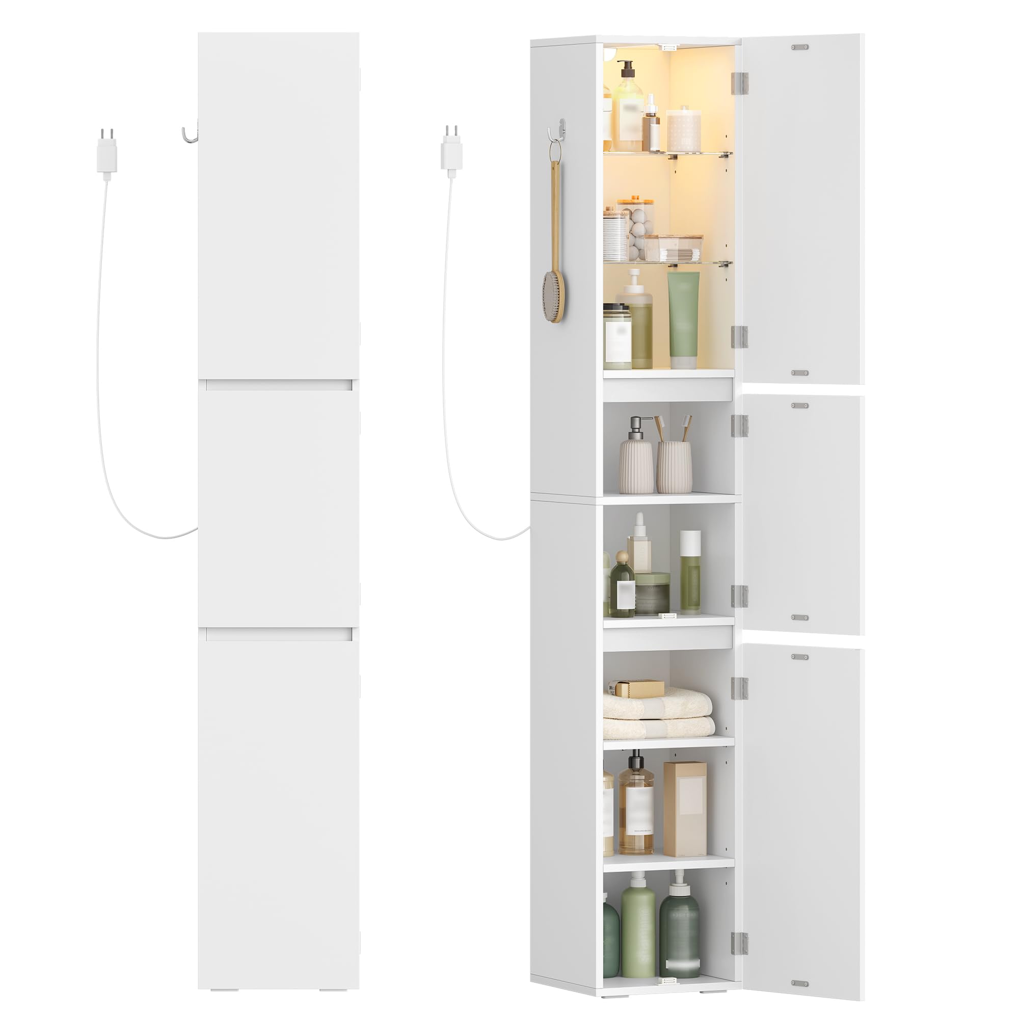 HEXCELEN Armario de Baño con Iluminación, Mueble de Almacenamiento, Mueble de Almacenamiento con Estantes de Cristal Ajustables, Tres Puertas Reversibles, Adecuado para Espacios Pequeños, Blanco