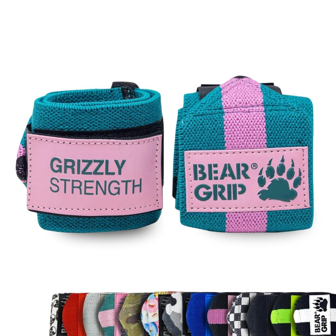 BEAR GRIP - Premium Heavy Duty Weight Lifting Wrist Wraps, Bodybuilding, Crossfit, Powerlifting, StrongMan (Green/Pink, 24 Inches)