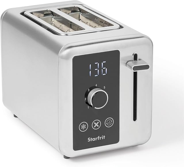 Starfrit 2-Slice Toaster With Digital Countdown - 7 Toasting Settings - Self-Adjusting Slots - Removable Tray - Silver