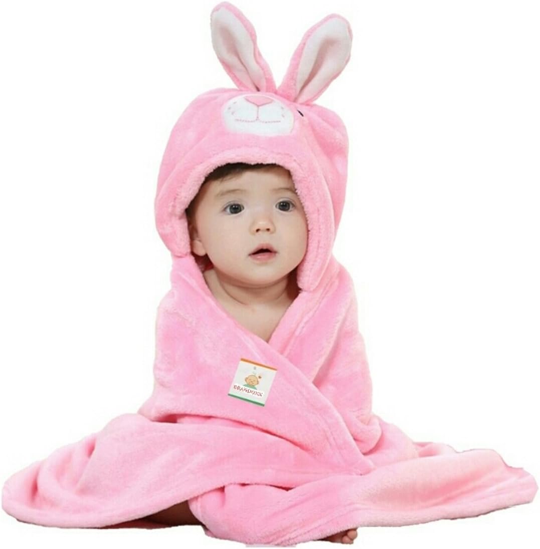 BRANDONN Ultra Soft Organic Premium Bathrobe Bath Gown for Babies Baby Bath Towel(Pink Rabbit, 0-12 Months, L 82 cm x B 82 cm)