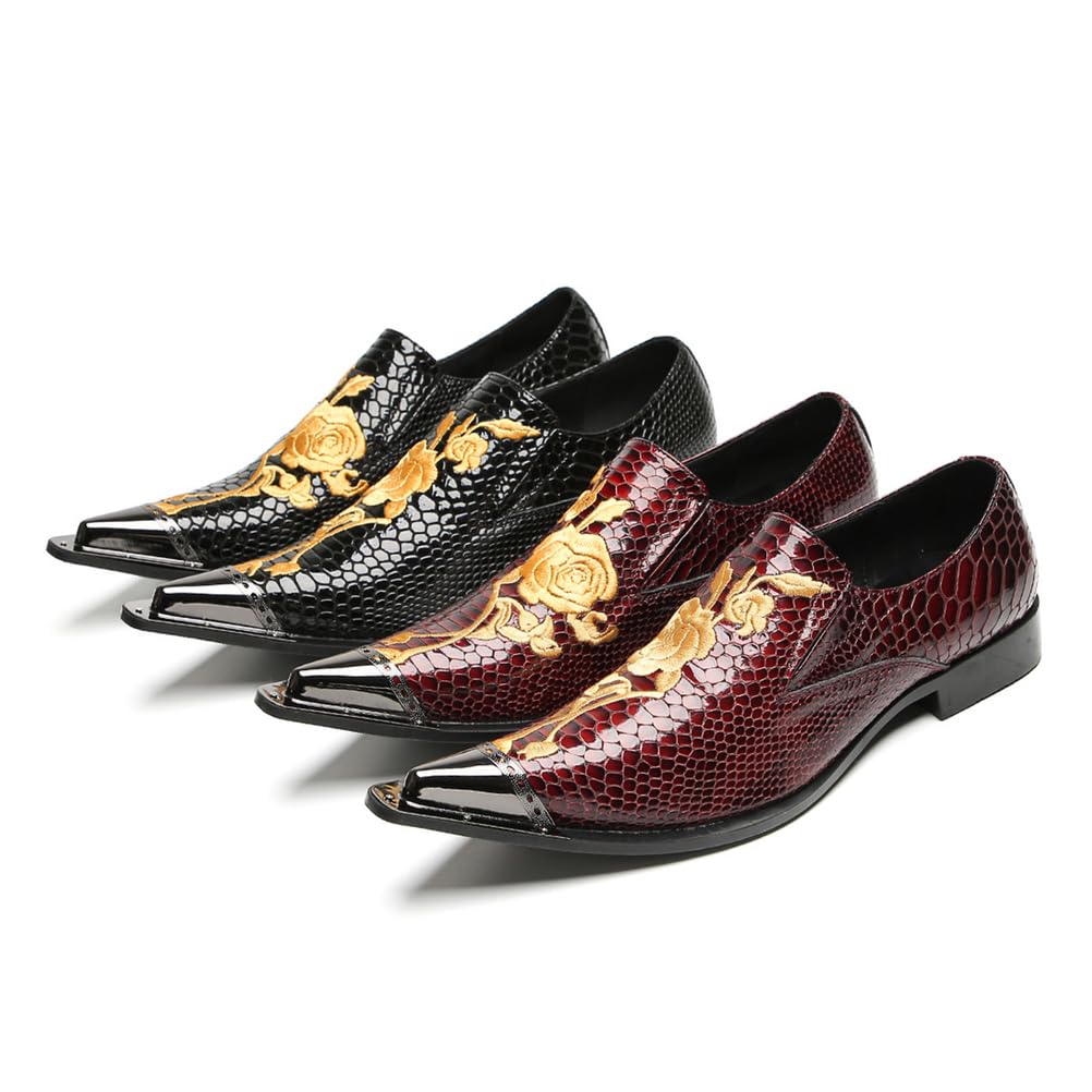 Scarpe da Cerimonia Uomo con Ricamo a Rosa Dorata, Mocassini in Pelle Rossa Trama Serpente con Punta Metallica per Matrimoni e Gala
