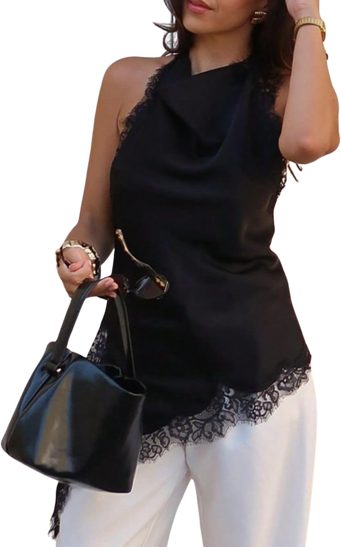 Women's Lace Asymmetrical Halter Tops Satin Flowy Cowl Neck High Low Top Going Out Outfits