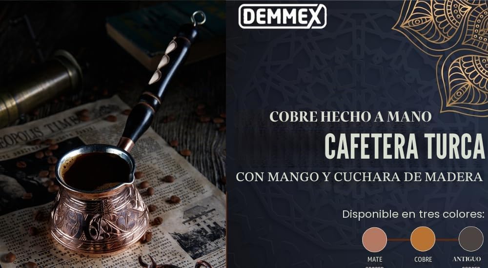 DEMMEX Cafetera Turca, Griega y Árabe de Cobre Más Grueso, Cafetera para Estufa, Cezve Ibrik Briki con Mango de Madera y Cuchara, (Grabada a Mano (270 ml))