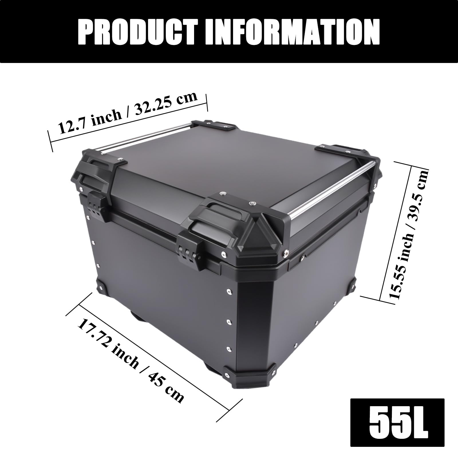 Bisenya 55L Baúl de Aluminio Impermeable para Moto, Maleta para Almacenamiento de Casco, Caja con Cerradura de Seguridad, Caja Superior de Motocicleta (Negro)