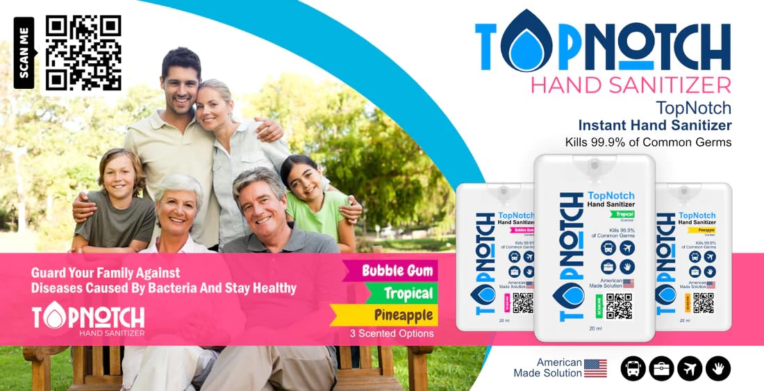 TOP NOTCH Hand Sanitizer, Pack of 24 Pocket Spray (20ml) Variety Pack Tropical, Bubblegum, Pineapple