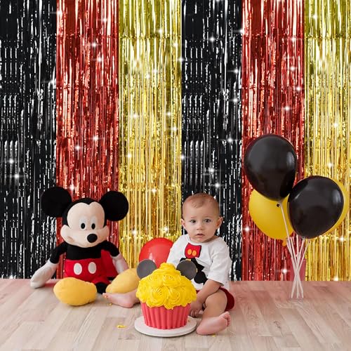 Image of TONIFUL Black Red Gold Door Streamers,Black Red and Gold Photo Booth Backdrop Metallic Streamers Foil Fringe Curtain for Mouse Themed Birthday,New Year,Graduation,Baby Shower Party Decoration