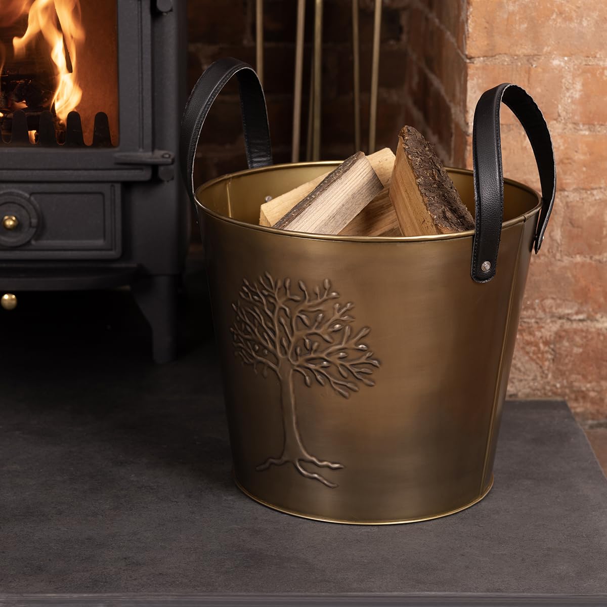 Charles Bentley - Log Bucket - Antique Gold - Leather Handled - Small