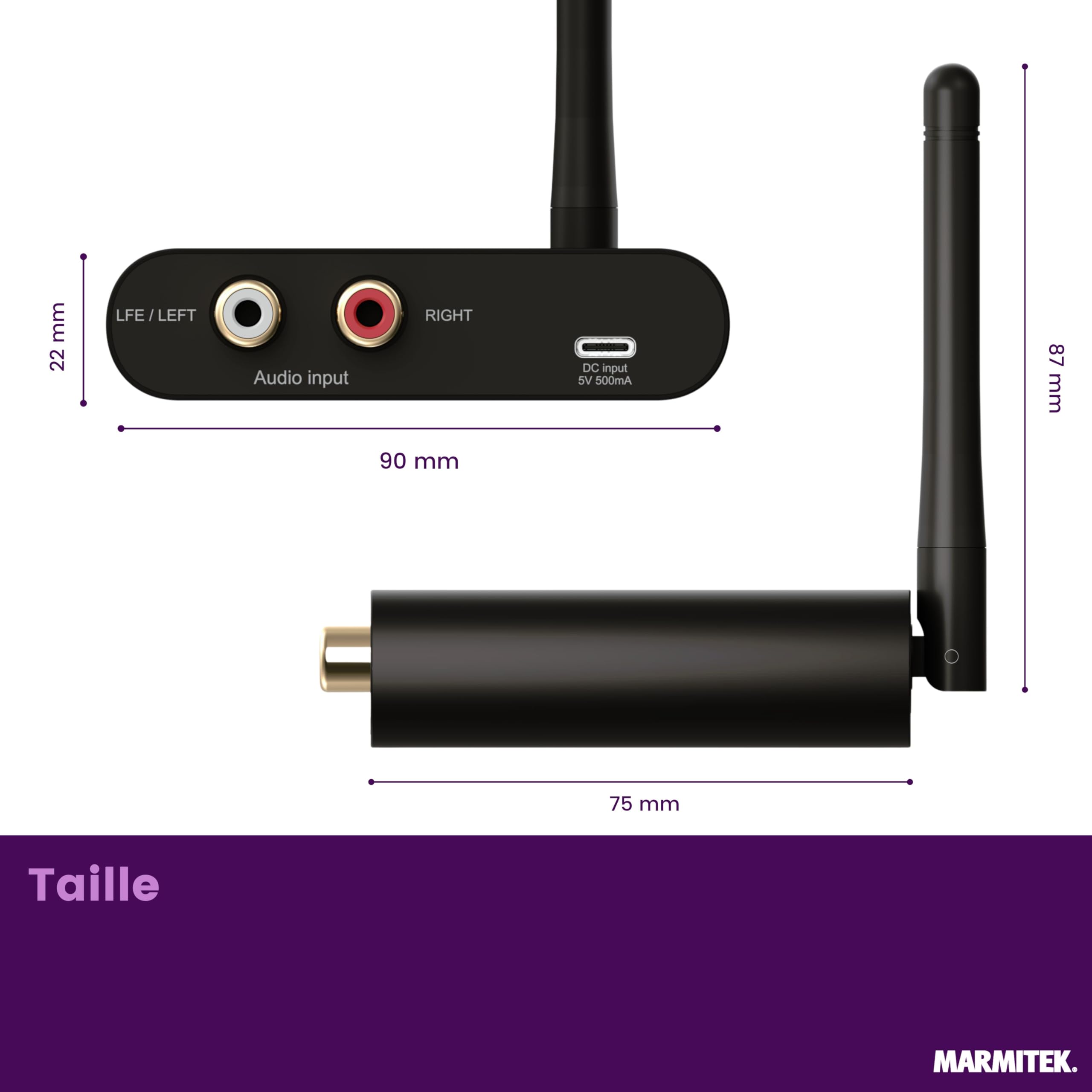 Marmitek WS400 - Kit subwoofer sans Fil pour Caisson de Basses Actif | Transmission numérique RCA/LFE 2,4 GHz pour caisson de basses sans fil, faible latence, home cinéma, Plug & Play et USB-C
