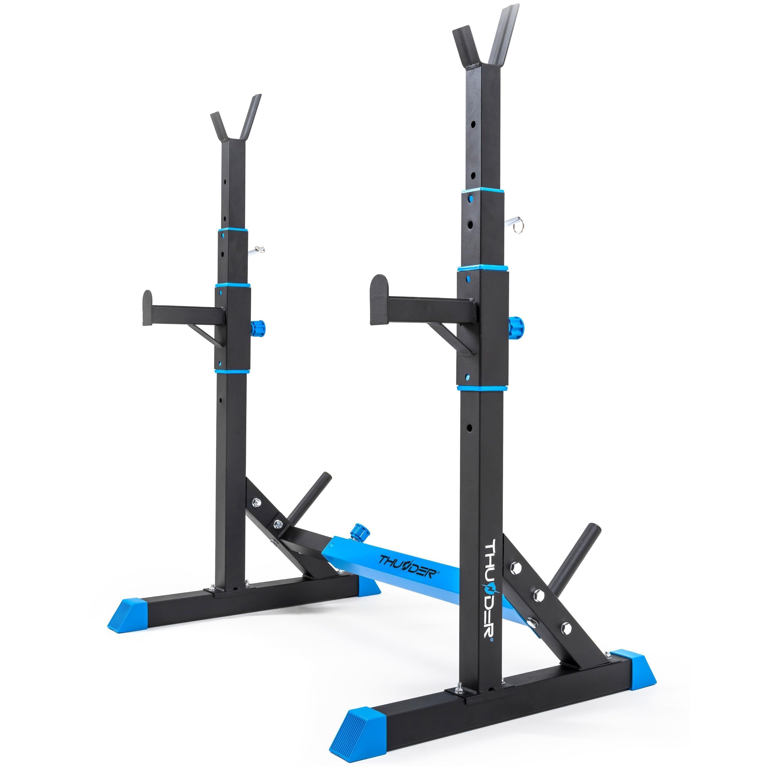 Soporte pesas THUNDER ajustable, con seguros, acero 200 kg, para press banca, sentadillas y fuerza.