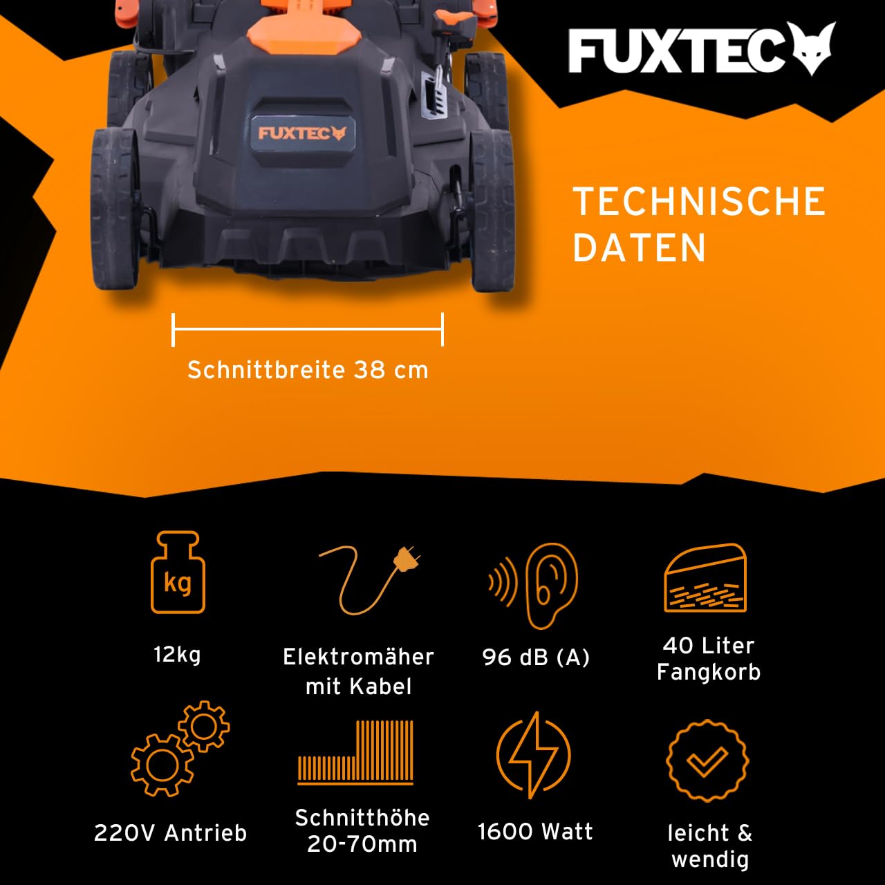 FUXTEC Elektro Rasenmäher mit Kabel FX-RME38-38cm mit 40L Grasfangkorb - nur 12kg - Schnitthöhe 20-70mm - 1600Watt & 220V