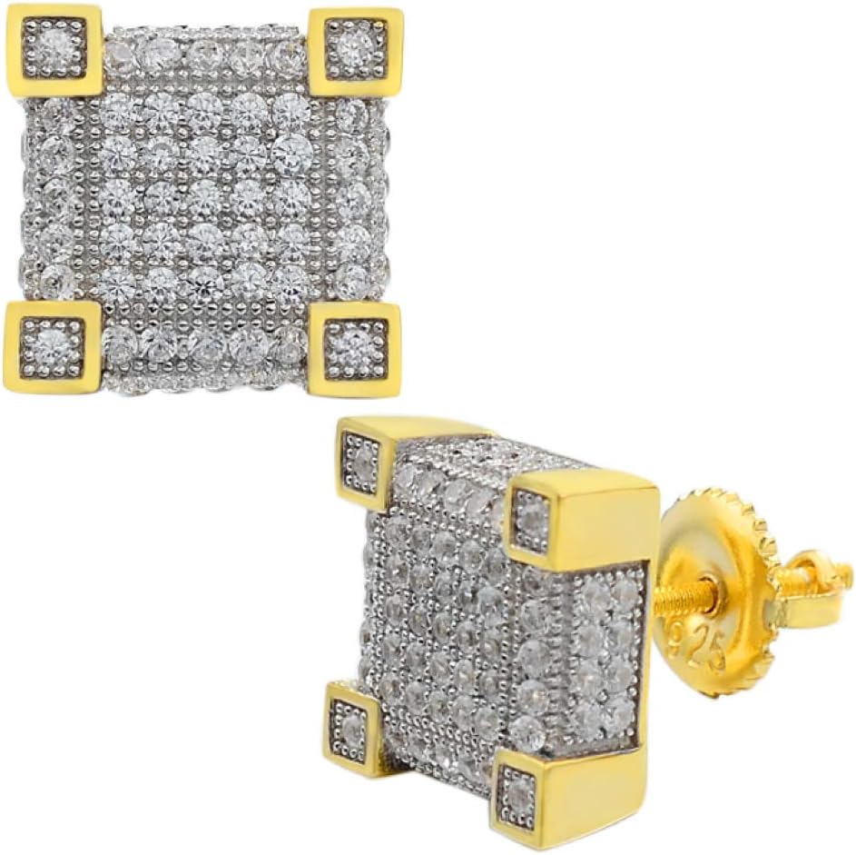 Solid 925 silver 14k gold plated cube hip hop earrings