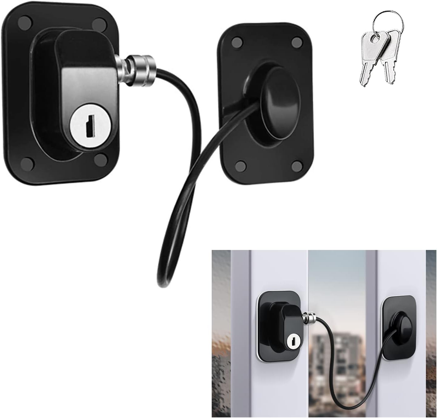 Child Safety Locks Window Door Cable Ventilator Kid Lock Baby Security Locking Keyed Opening Restrictor For Baby Protection Prevent Children Falling Window Lock,Punch or Punch-free Dual-use(Black)