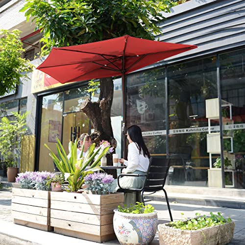 Image of Half Patio Umbrella - 9ft Outdoor Patio Canopy with Easy Hand Crank - Condo, Townhouse, or Balcony Furniture by Villacera (Red)