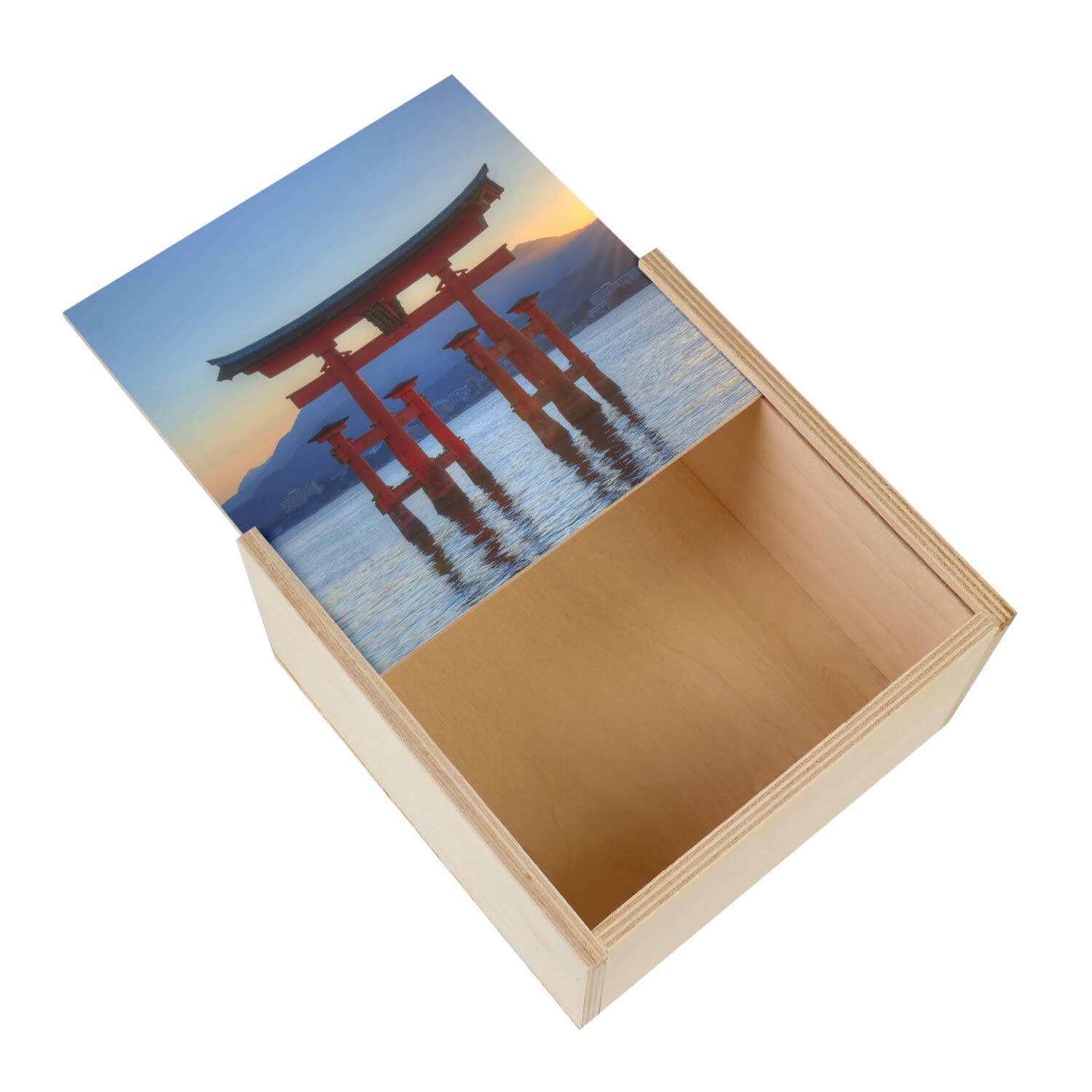 FabulousWooden Box with Japanese Itsukushima Sanctuary Tori Landscape Sun Layer (11 x 11 x 3.5 cm)