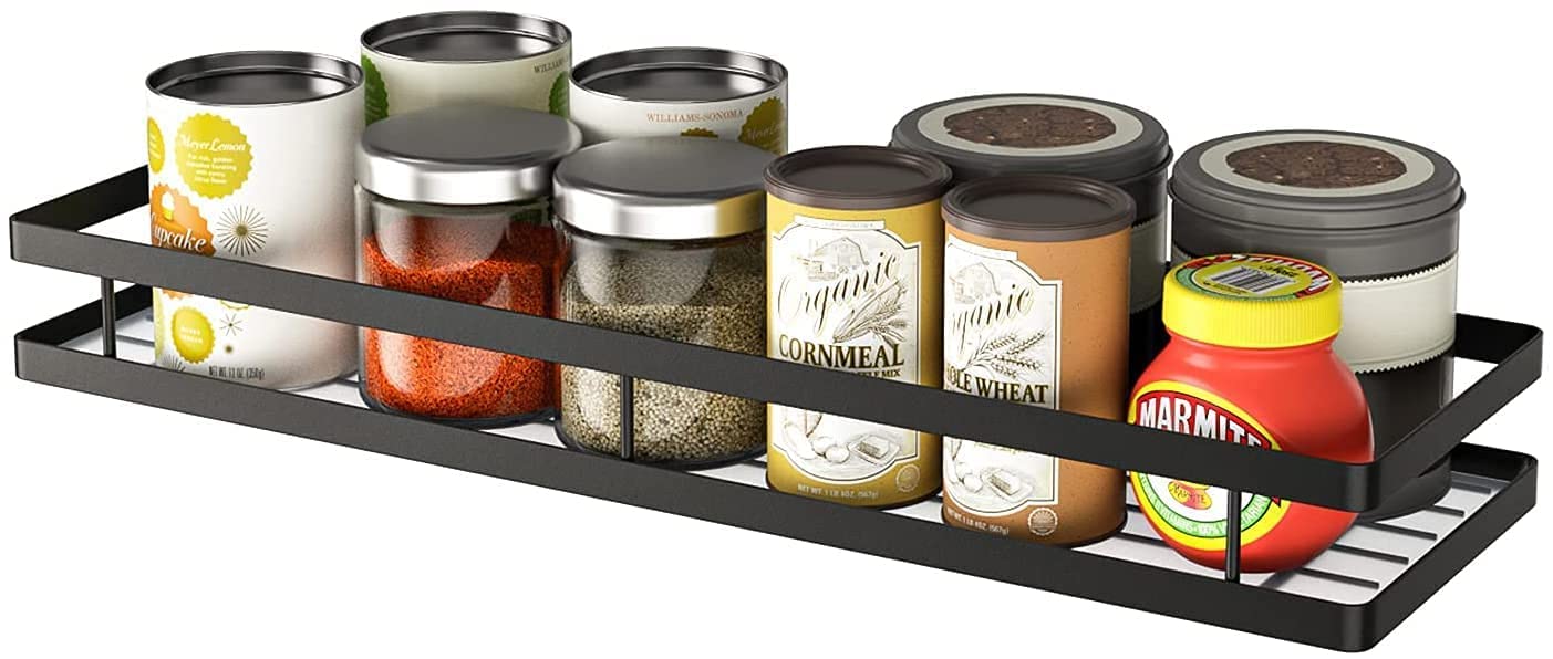 MFS Craft World Iron M- 16 inch Spice Rack Organiser Wall Mounted Pack,Hanging Seasoning Spice Rack Shelf Holder Storage for Kitchen Cabinet - Black, Tiered Shelf