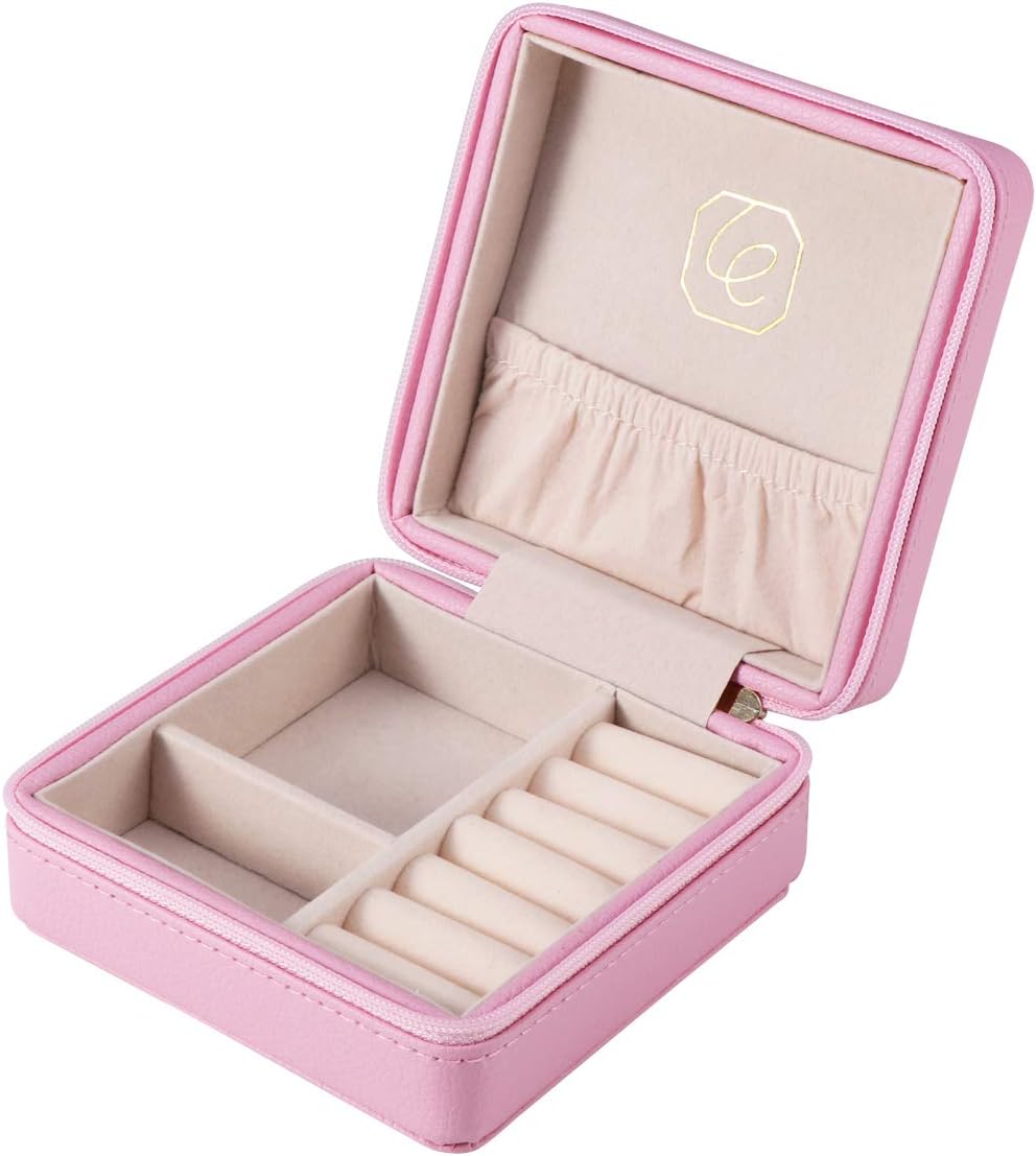 JL LELADY JEWELRY Small Jewelry Box Mini Travel Jewelry Case Portable Faux Leather Jewelry Ring Boxes Holder for Women Girls (Pink)