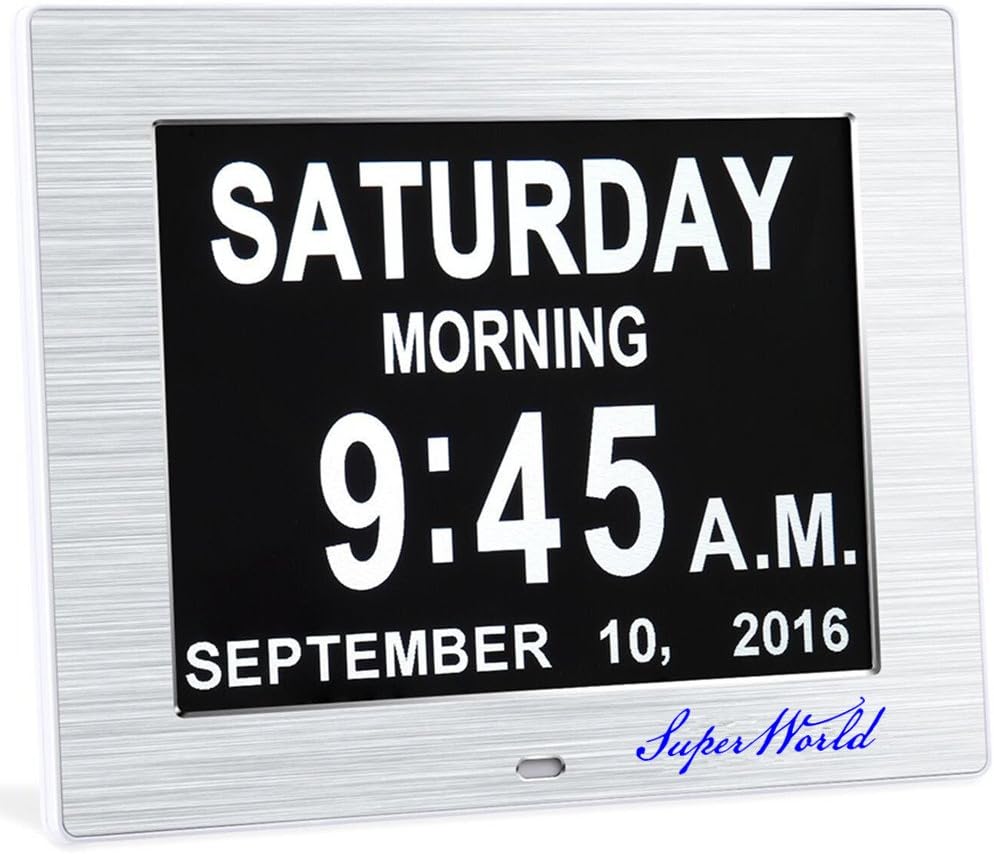 [Newest Version] Day Clock, 5 Alarm Options - 8" Digital Calendar Alarm Clock with Extra Large Non-Abbreviated Day & Month,Alzheimer's and Memory Loss Desk Clock - Perfect for Mom Dad And Seniors, Reminders To Take Medications (8inch, Silver)