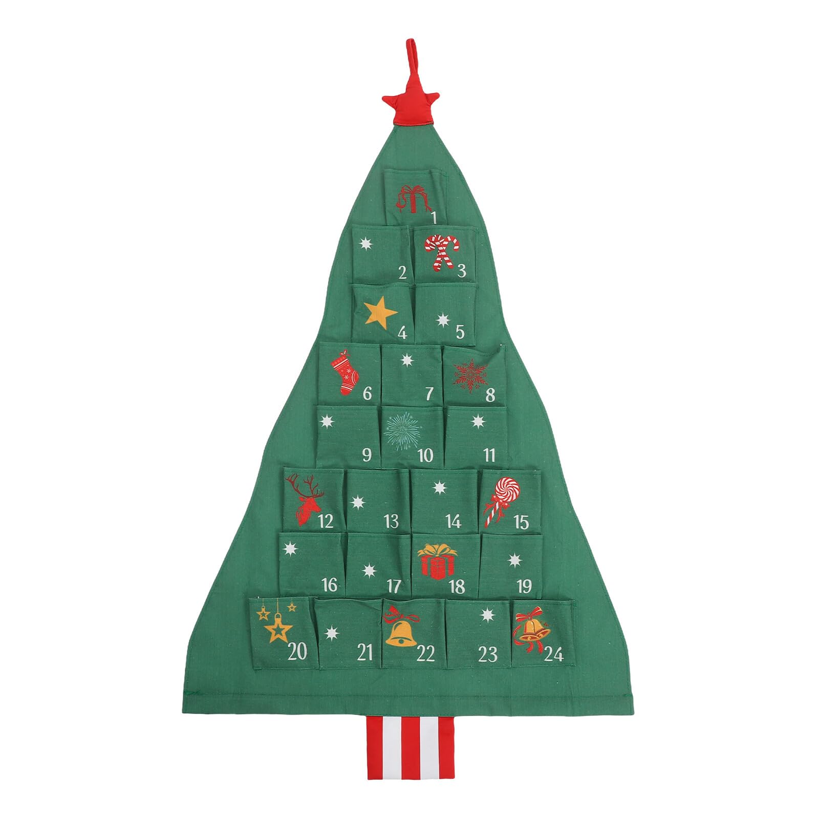 Adventskalender mit Weihnachtsbaum Motiv aus Baumwolle 24 Fächer Wand und Türbehang Interaktiver Countdown für Platzsparende Weihnachtsdeko