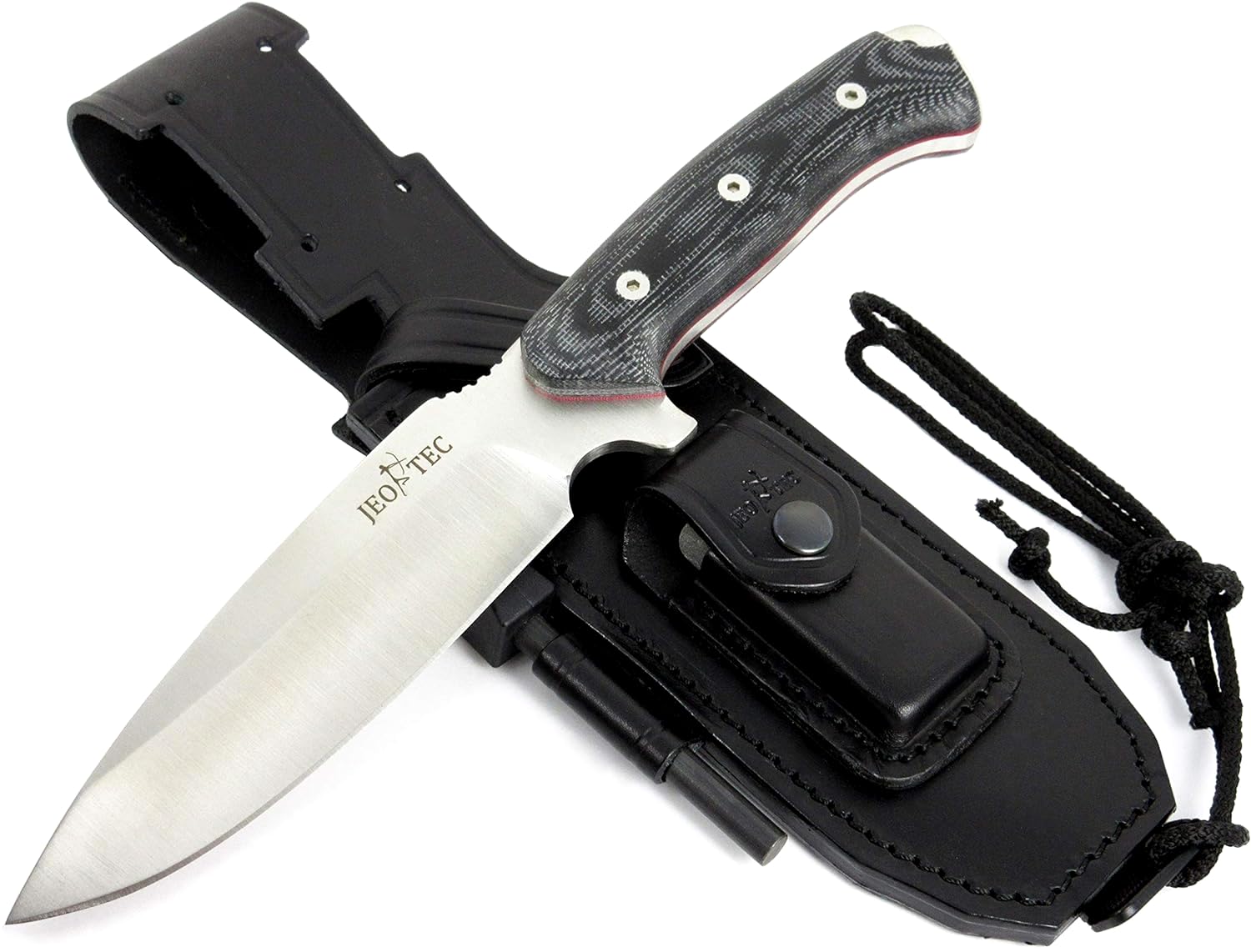 JEO-TEC Nº15 Outdoor Camping Gürtelmesser Jagdmesser Überlebensmesser Survival Bushcraft Messer - Deutsche Stahl BÖHLER N690C - Lederscheide Feuerstahl Messerschärfer