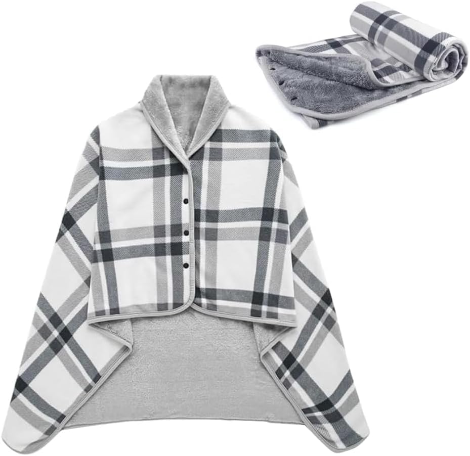 Fleece Wearable Blanket Poncho for Women 55 x 39 Plaid Lap Blankets Comfy Throw Shawl with Button for Bed Sofa Office