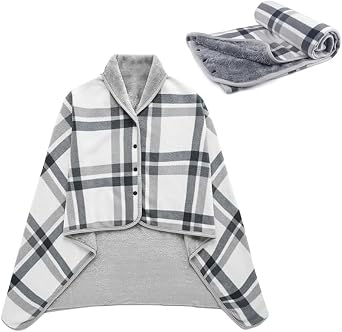Fleece Wearable Blanket Poncho for Women 55 x 39 Plaid Lap Blankets Comfy Throw Shawl with Button for Bed Sofa Office