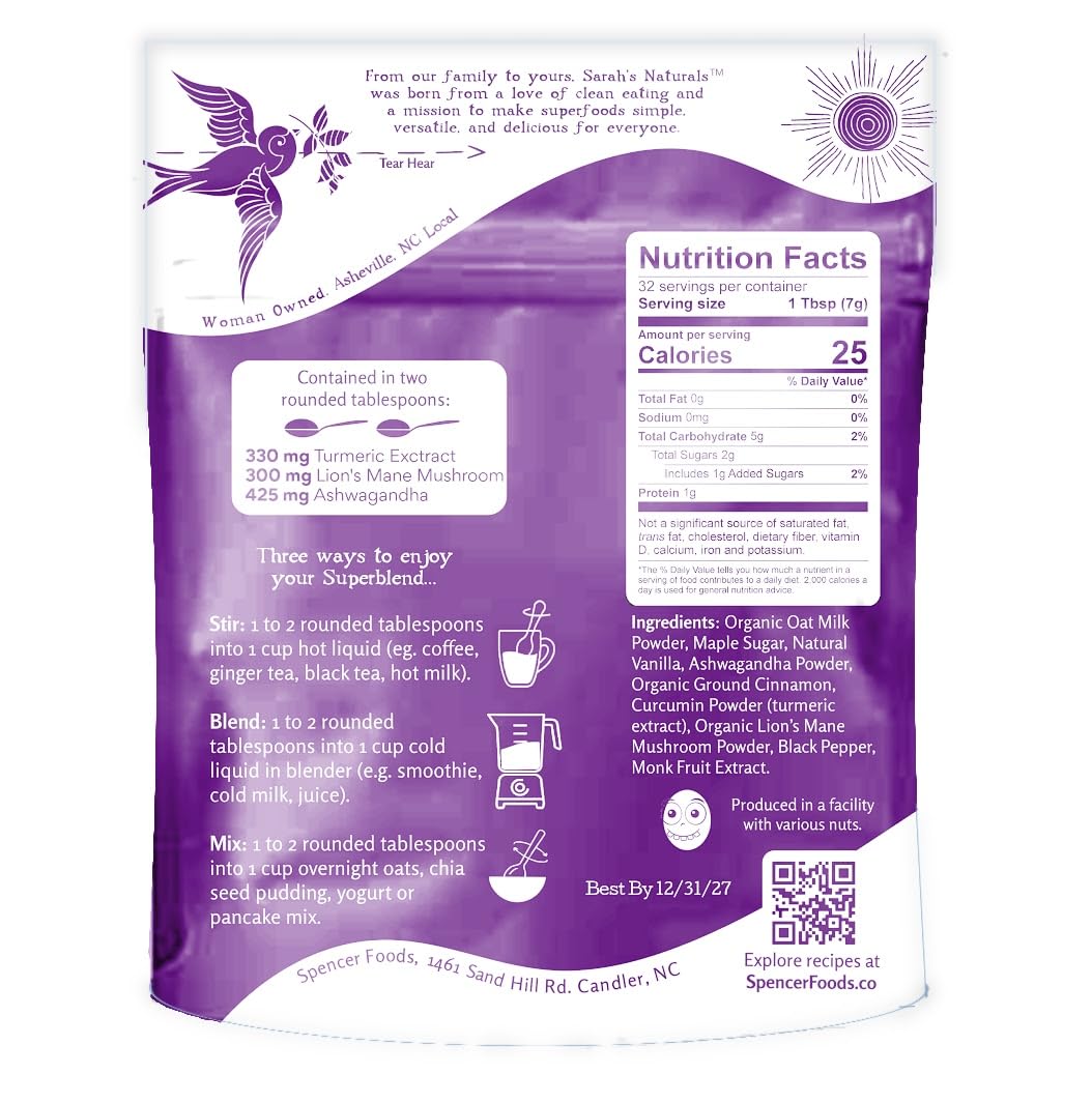 Non-Dairy Superfood Blend for Coffee, Tea & Smoothies | Oat Based | Add to Hot or Cold Beverages | Naturally Sweetened with Maple Sugar (8 Ounces (Pack of 2), Spiced Latte)