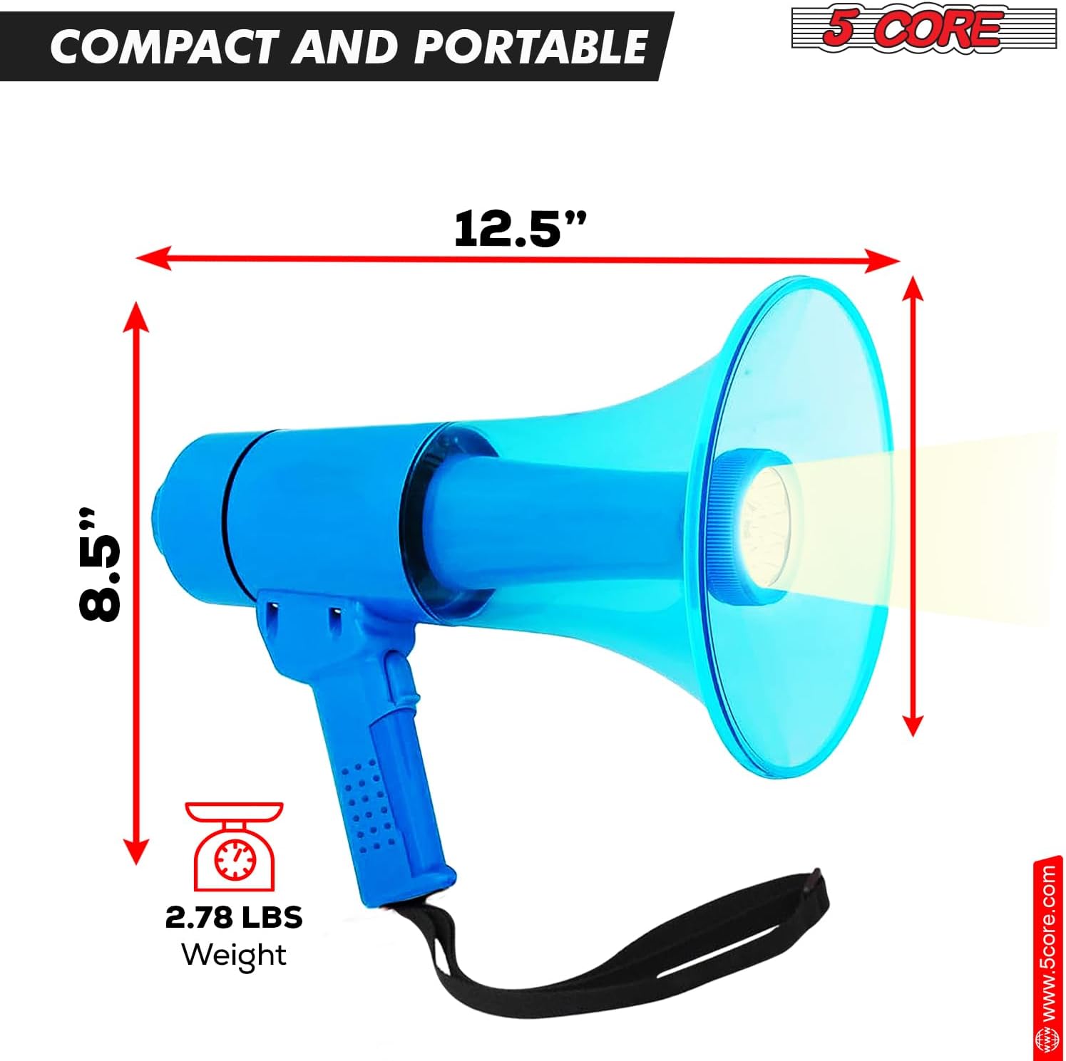 5 CORE Megaphone 50W Waterproof Bull Horn PA Speaker w 800 Yard Range Flashlight Loud Siren Voice Amplifier Lightweight Portable Megafono - HW 18 WP